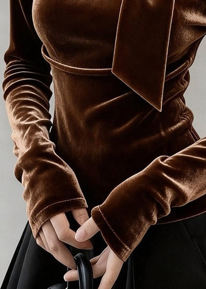 Camiseta de terciopelo de seda lisa con lazo de café fino para invierno