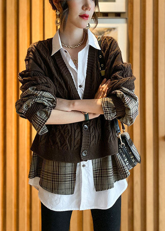 Feines Schokoladenstrick-Patchwork-Plaid-Höhlen-ausgeknittertes Herbst-Woll-Zweiteiler-Outfit
