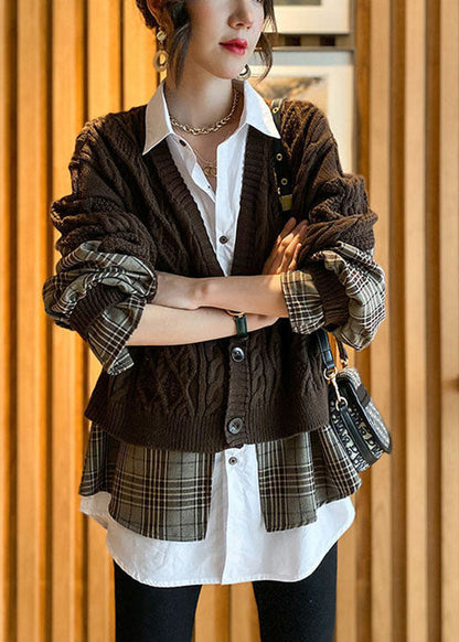 Feines Schokoladenstrick-Patchwork-Plaid-Höhlen-ausgeknittertes Herbst-Woll-Zweiteiler-Outfit