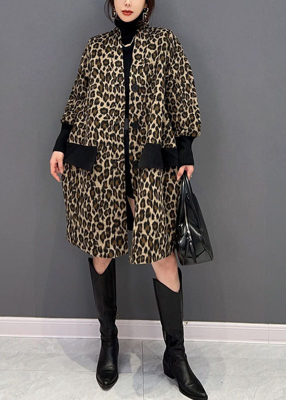 Feine Schokolade V-Ausschnitt Taschen Patchwork Leopard Baumwolle Trenchcoat Frühling