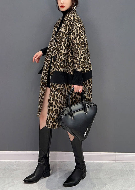 Feine Schokolade V-Ausschnitt Taschen Patchwork Leopard Baumwolle Trenchcoat Frühling