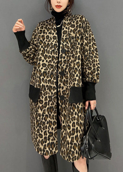 Feine Schokolade V-Ausschnitt Taschen Patchwork Leopard Baumwolle Trenchcoat Frühling