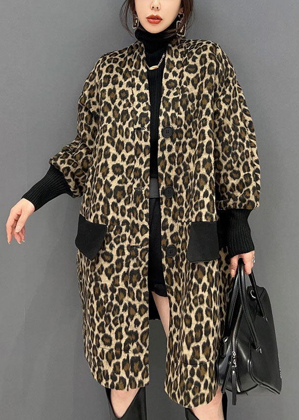 Feine Schokolade V-Ausschnitt Taschen Patchwork Leopard Baumwolle Trenchcoat Frühling