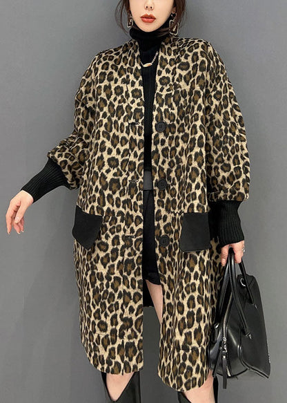 Feine Schokolade V-Ausschnitt Taschen Patchwork Leopard Baumwolle Trenchcoat Frühling