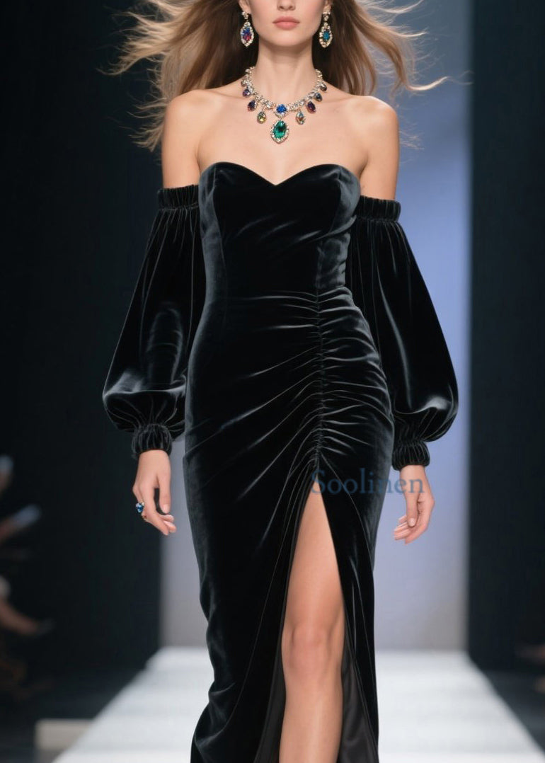 Vestido largo de terciopelo con hombros descubiertos y abertura lateral para primavera