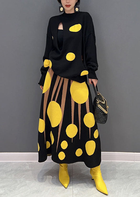 Feines Colorblock Rollkragen-Print Strick-Zweiteiler-Set Frühling