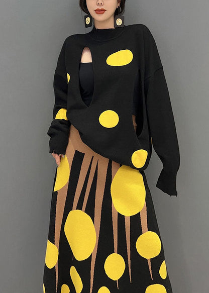 Feines Colorblock Rollkragen-Print Strick-Zweiteiler-Set Frühling