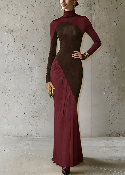 Fine Colorblock Turtleneck Wrinkled Robe Dresses Spring