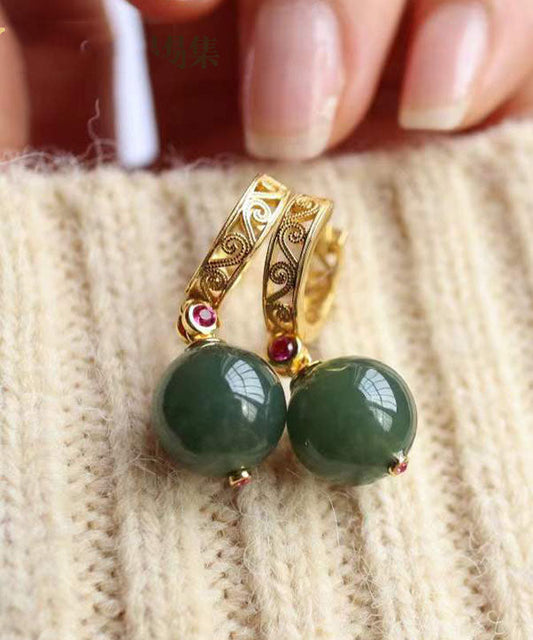 Feine dunkelgrüne Tropfenohrringe aus Sterlingsilber mit vergoldeter Jade