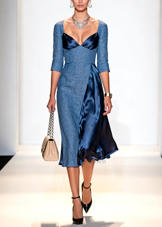 Fine Denim Blue Asymmetrical Patchwork Cotton Party Dress Summer