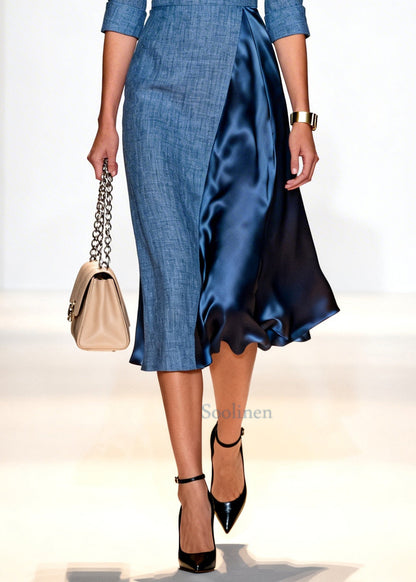 Fine Denim Blue Asymmetrical Patchwork Cotton Party Dress Summer