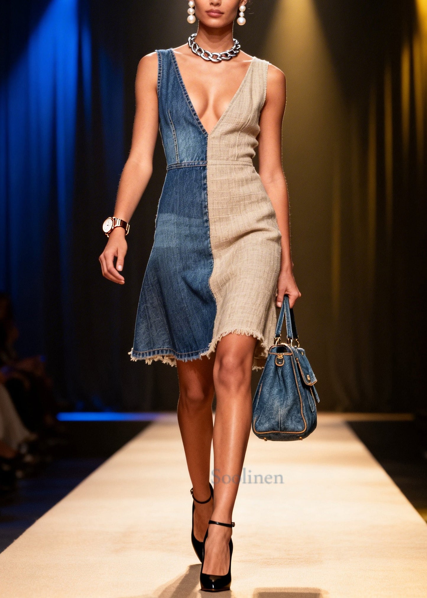 Fine Denim Blue Asymmetrical Patchwork Linen A Line Dress Summer