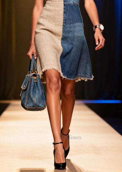 Fine Denim Blue Asymmetrical Patchwork Linen A Line Dress Summer