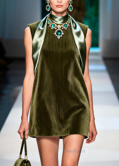 Fine Dull Green Patchwork Corduroy Mid Dress Sleeveless