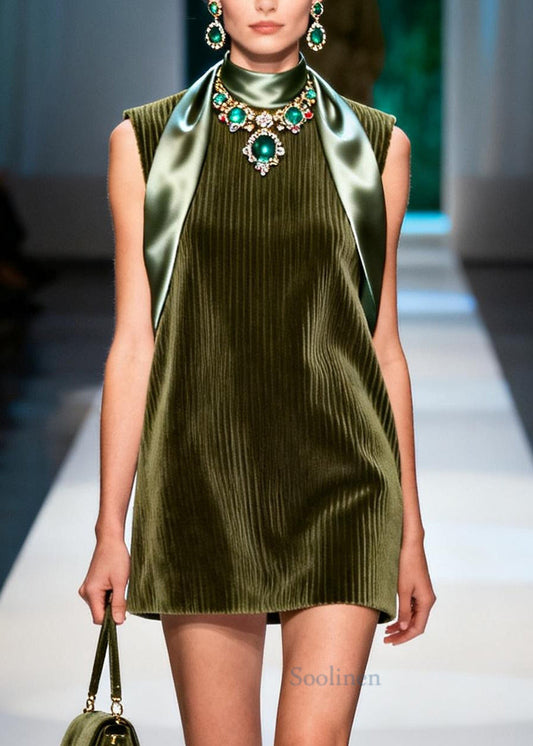 Fine Dull Green Patchwork Corduroy Mid Dress Sleeveless