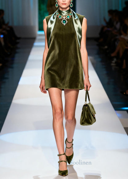 Fine Dull Green Patchwork Corduroy Mid Dress Sleeveless