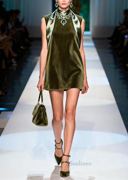 Fine Dull Green Patchwork Corduroy Mid Dress Sleeveless