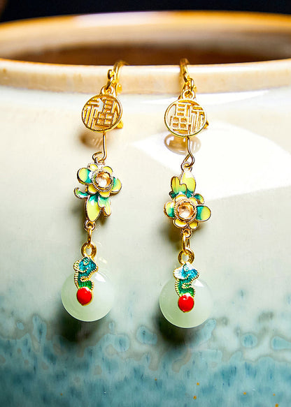 Pendientes colgantes de jade con el personaje Fu y pinturas de flores finas