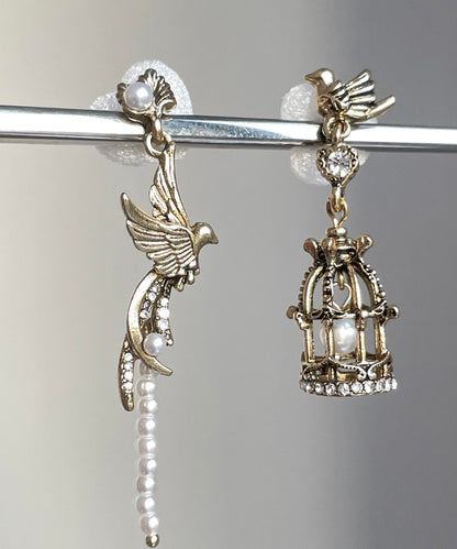 Fine Gold Alloy Asymmetrica Pearl Flying Bird Birdcage Tassel Drop Earrings