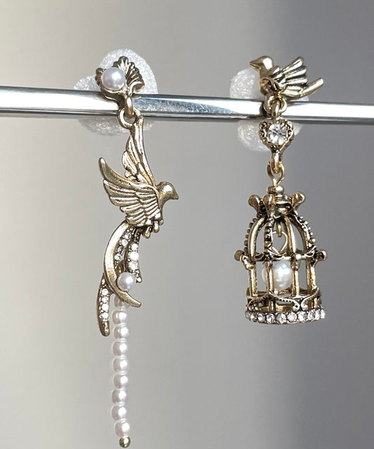 Fine Gold Alloy Asymmetrica Pearl Flying Bird Birdcage Tassel Drop Earrings
