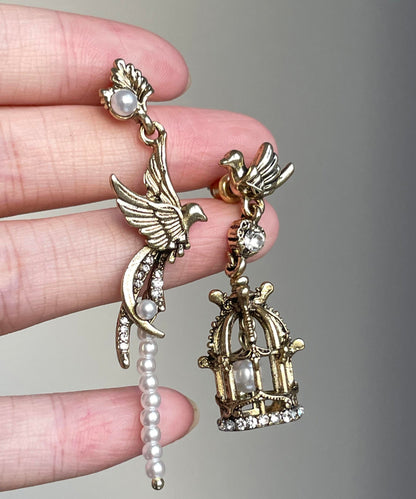 Fine Gold Alloy Asymmetrica Pearl Flying Bird Birdcage Tassel Drop Earrings
