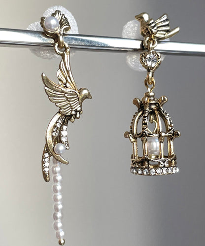 Fine Gold Alloy Asymmetrica Pearl Flying Bird Birdcage Tassel Drop Earrings