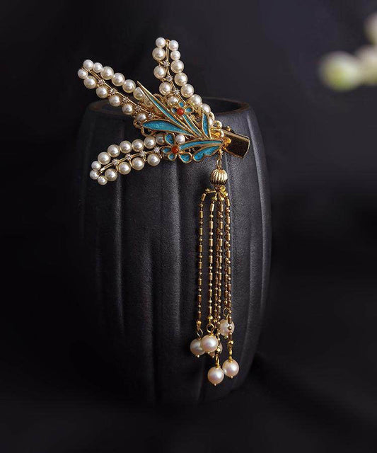 Fine Gold Alloy Enameling Pearl Tassel Hairpin