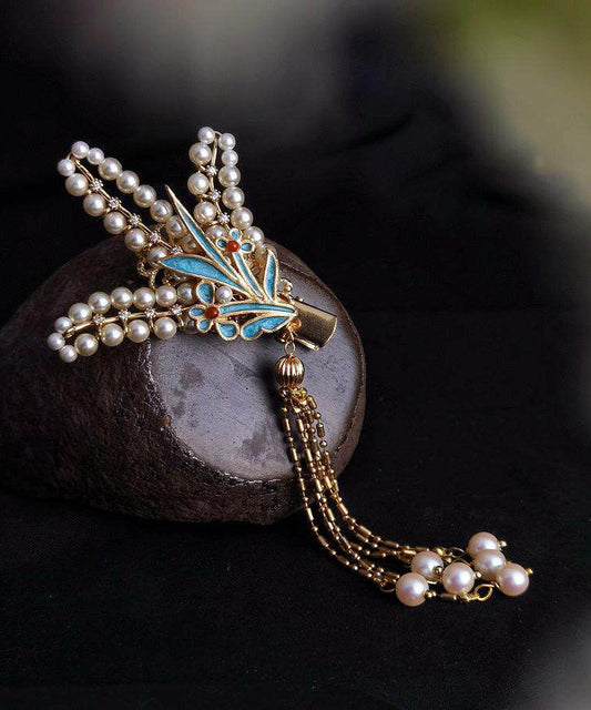 Fine Gold Alloy Enameling Pearl Tassel Hairpin