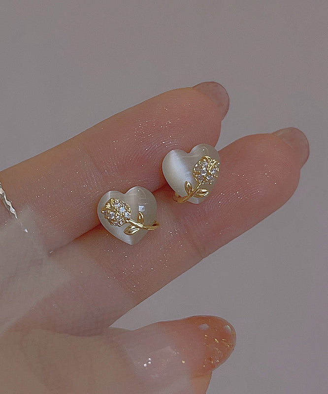 Fine Gold Copper Alloy Love Floral Cat Eye Ston Stud Earrings