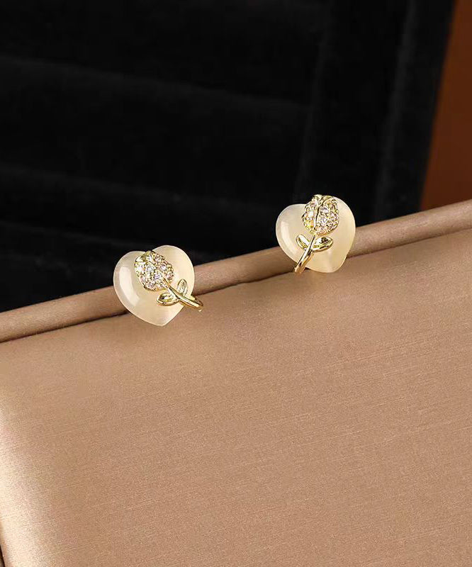 Fine Gold Copper Alloy Love Floral Cat Eye Ston Stud Earrings