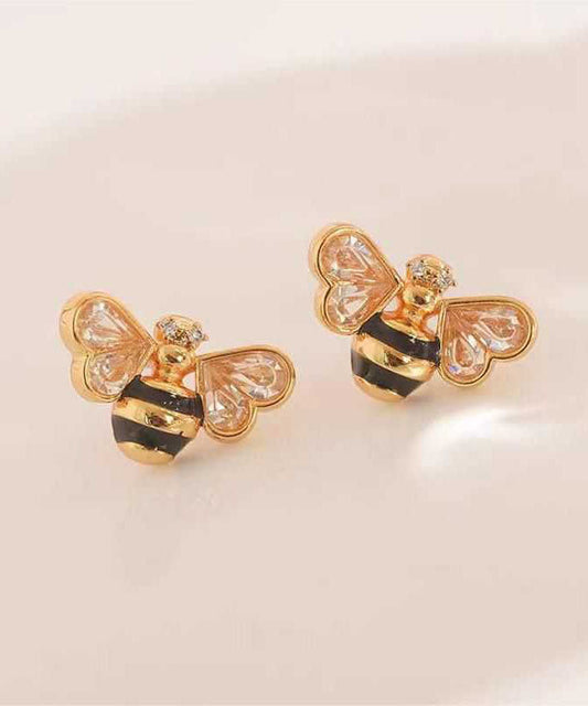 Fine Gold Copper Overgild Zircon Drip Glaze Little Bee Stud Earrings