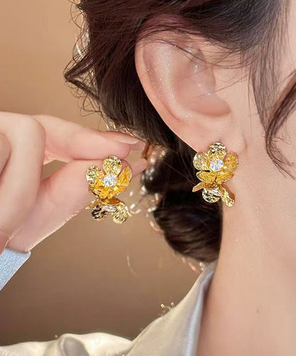 Fine Gold Copper Overgild Zircon Floral Stud Earrings