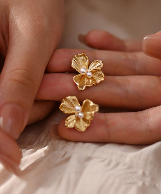 Fine Gold Floral Pearl 14K Gold Stud Earrings