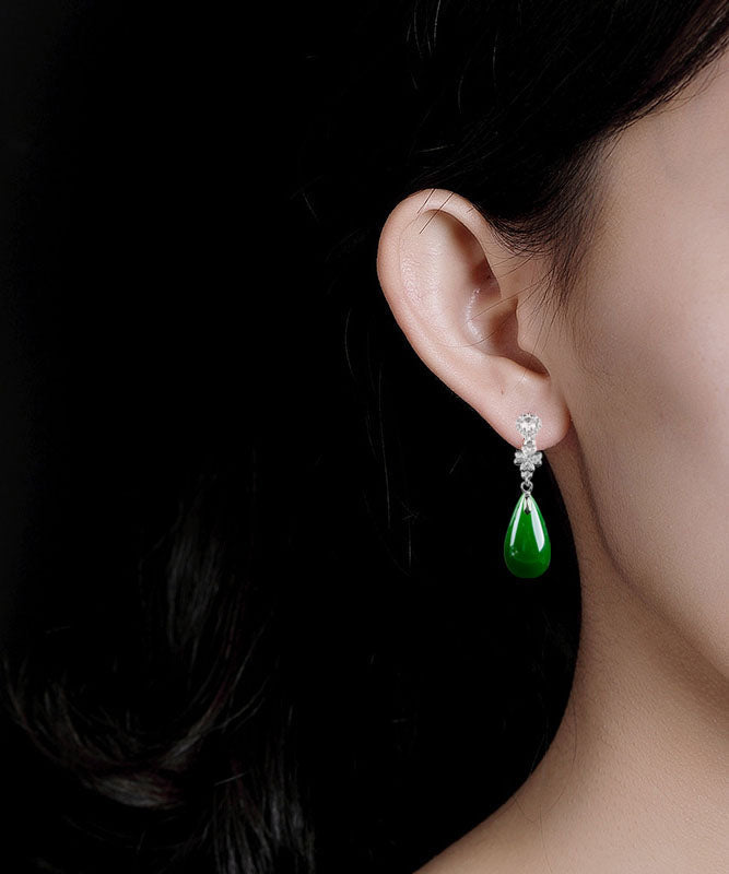 Pendientes colgantes de jade, circón y oro fino en plata de ley