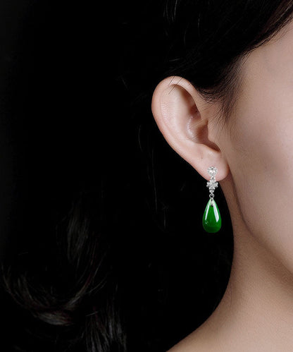 Pendientes colgantes de jade, circón y oro fino en plata de ley