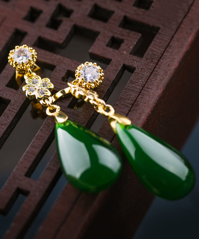 Pendientes colgantes de jade, circón y oro fino en plata de ley