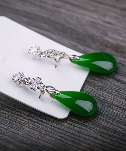 Pendientes colgantes de jade, circón y oro fino en plata de ley