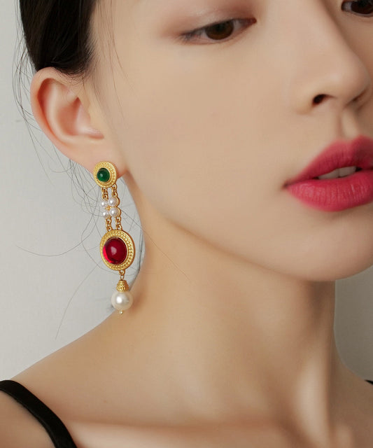 Pendientes colgantes de perlas esmaltadas de colores y plata de ley dorada fina