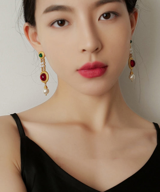 Pendientes colgantes de perlas esmaltadas de colores y plata de ley dorada fina