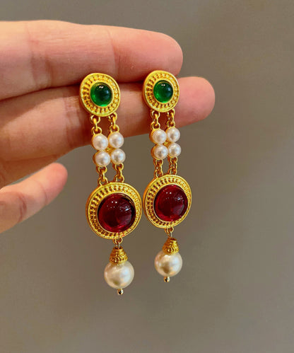 Pendientes colgantes de perlas esmaltadas de colores y plata de ley dorada fina