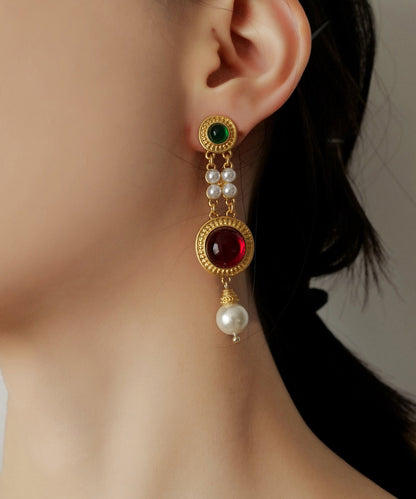 Pendientes colgantes de perlas esmaltadas de colores y plata de ley dorada fina