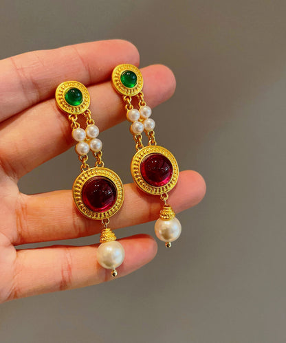 Pendientes colgantes de perlas esmaltadas de colores y plata de ley dorada fina