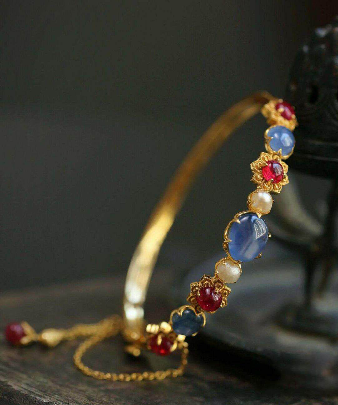 Fine Gold Sterling Silver Overgild Pearl Crystal Bangle