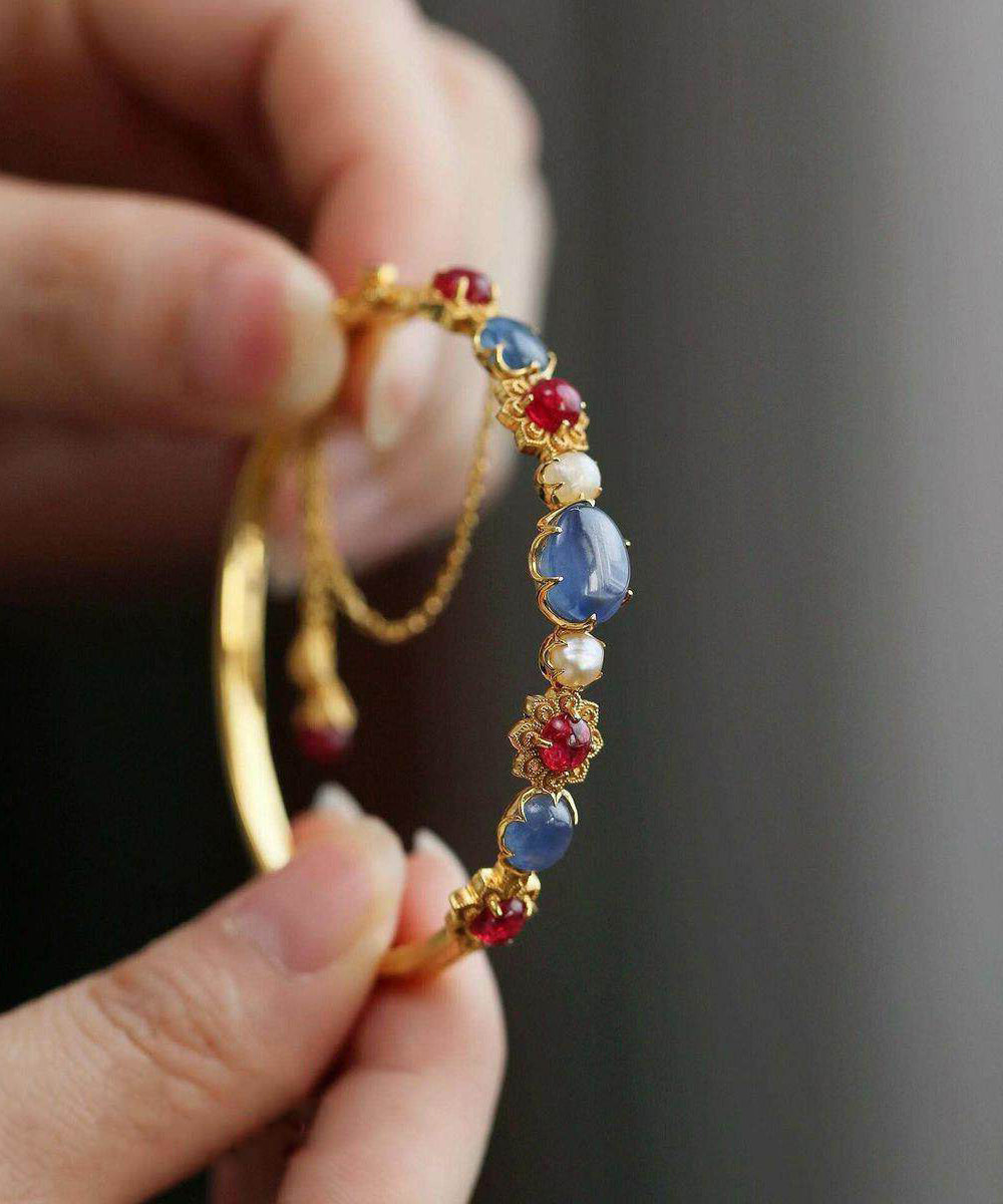 Fine Gold Sterling Silver Overgild Pearl Crystal Bangle