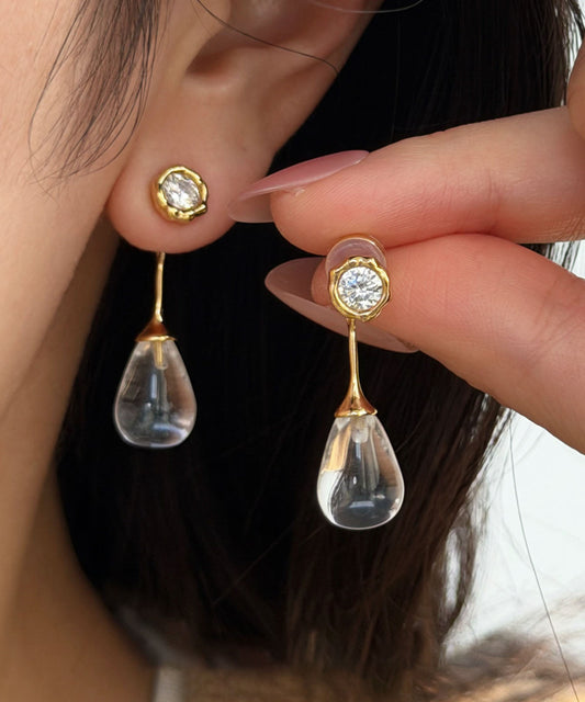 Fine Gold Sterling Silver Overgild Zircon Water Droplet Drop Earrings