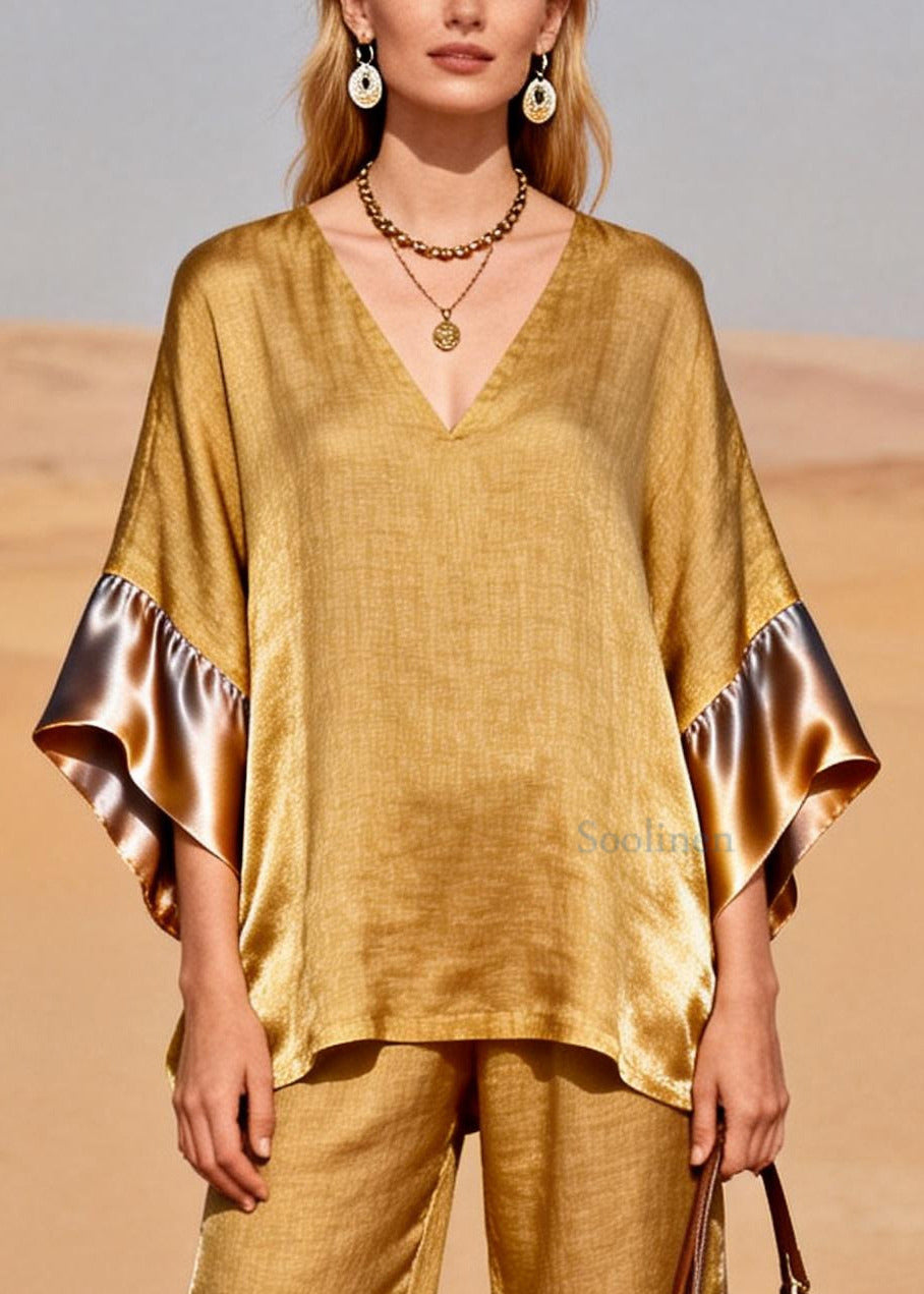 Fine Golden Oversized Patchwork Linen Silk Two Pieces Set Spring