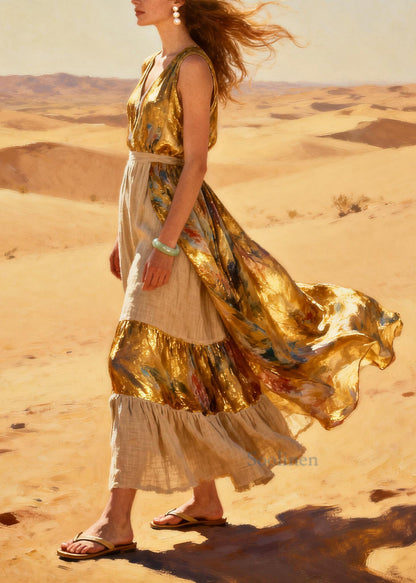 Fine Golden Tie Dye Patchwork Exra Large Hem Silk Party Dress Summer