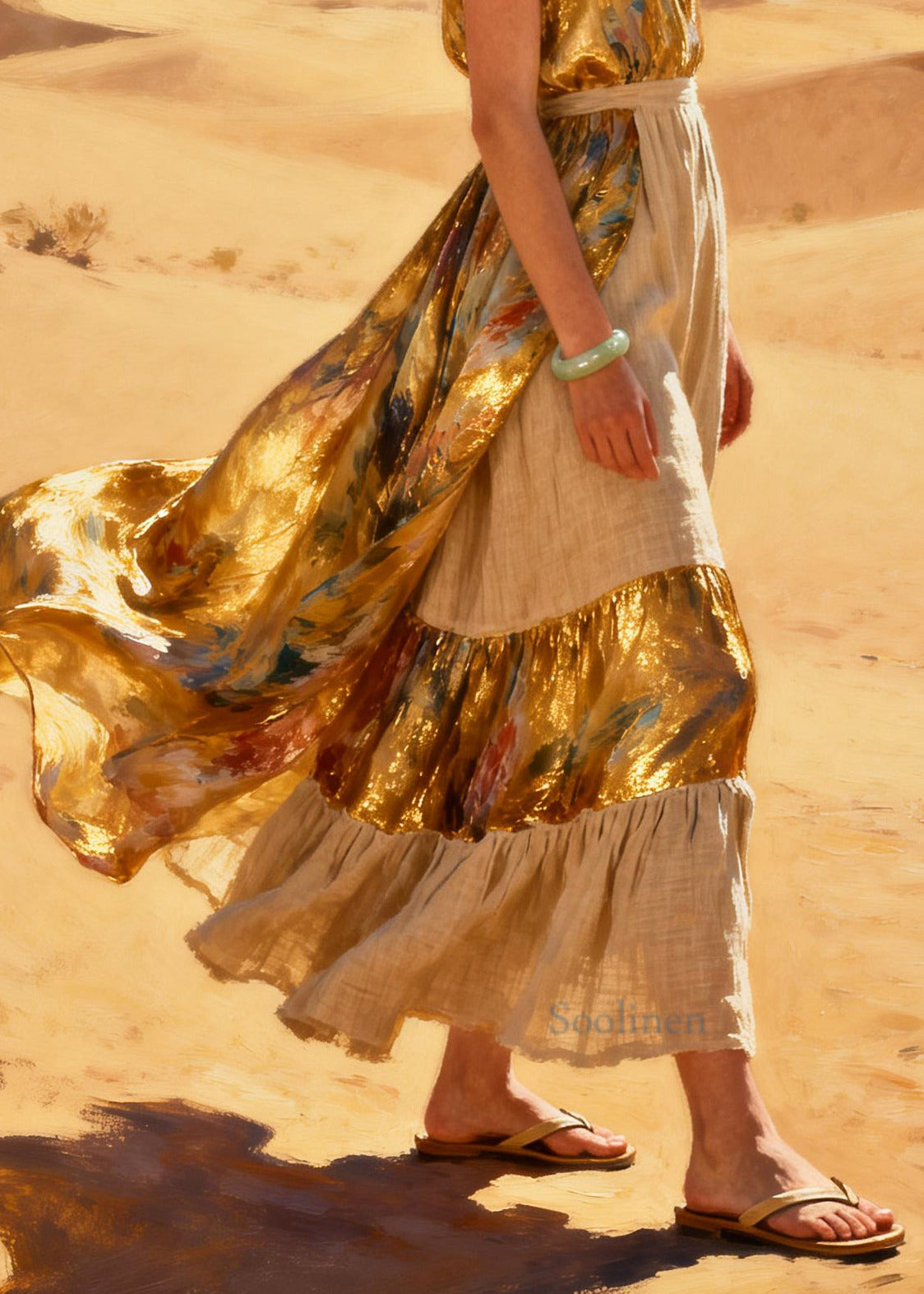Fine Golden Tie Dye Patchwork Exra Large Hem Silk Party Dress Summer