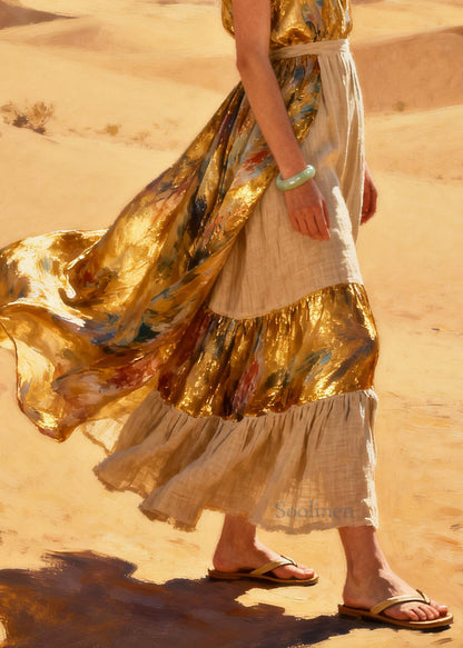 Fine Golden Tie Dye Patchwork Exra Large Hem Silk Party Dress Summer