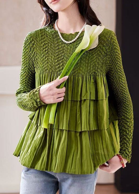 Blusa arrugada con parches de color verde hierba fina para primavera